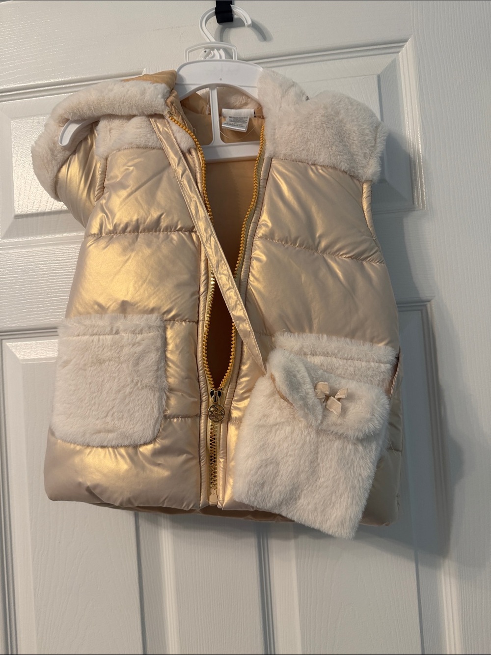 Girls Metallic Gold Puffer Vest with Cream Faux Fur Trim